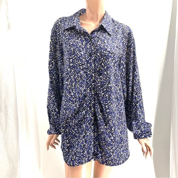 Foxcroft Wrinkle Free Fitted Fit  Size 18W Blue  Black Button Front L/S Blouse - Picture 1 of 8